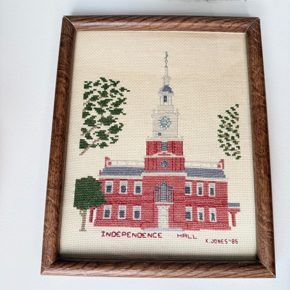 Handmade Other - Vintage 1986 Independence Hall Cross Stitch Framed Wall Art K Jones Philadelphia